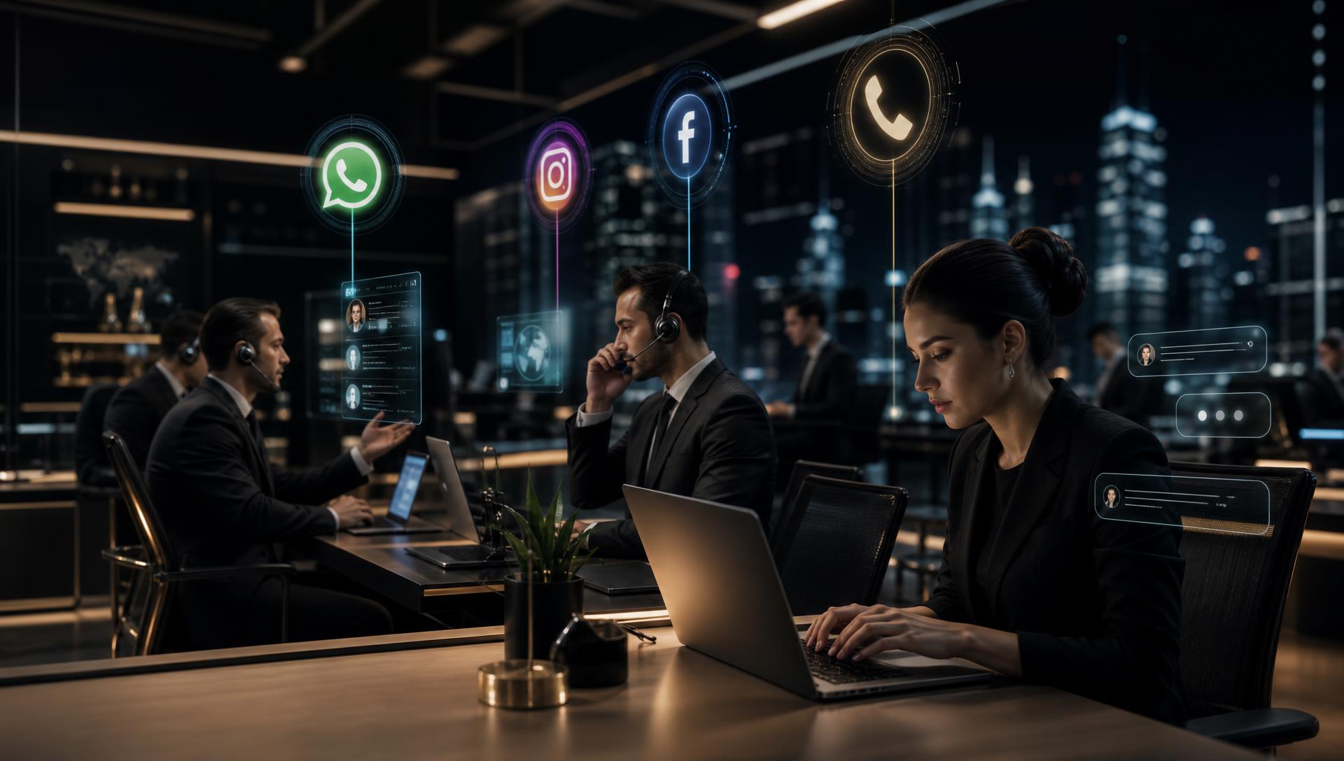 Equipo de agentes atendiendo clientes por WhatsApp, Instagram, Facebook y llamadas