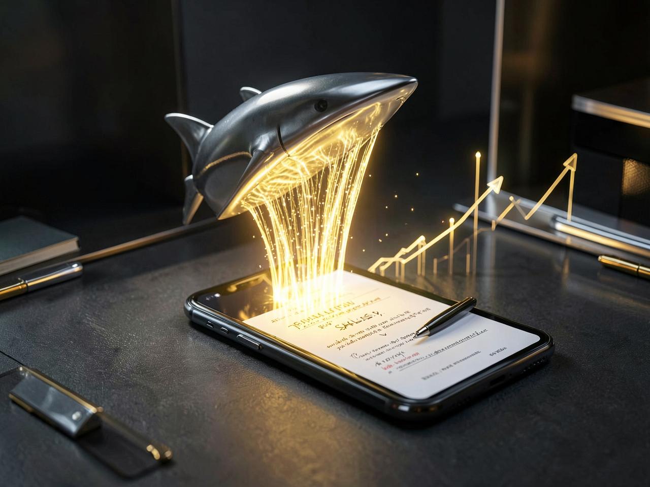 Tiburón metálico de luz dorada saliendo de un teléfono sobre un contrato firmado