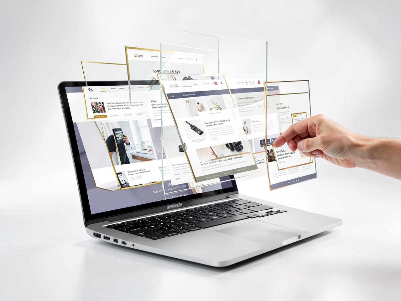 Portátil con páginas web flotantes armándose como paneles de vidrio